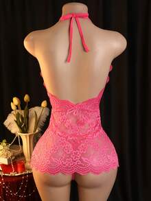 Women's Sexy Lingerie, Wall-Mounted Lace Nightdress, V-Neck Flower Lace Dress With ThongLace , Deep V Backless Lace-Up Sexy Hollow Loungewear - Hồng hồng - Xem 4