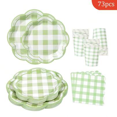 Green Checkered Petal-Shaped Disposable Plates, Napkins, And Cups - Party Supplies For 16 Guests, Suitable For Birthday, Wedding, Party, Family Picnic