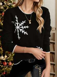 Elegante y de moda suéter navideño con ribetes de bloques de color y copos de nieve para mujer, adecuado para uso diario en otoño/invierno