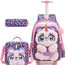 Girls' Rolling Backpack With Wheels, Suitable For Elementary School Students, Includes Lunch Box And Pencil Case, Fits Ages 6-8