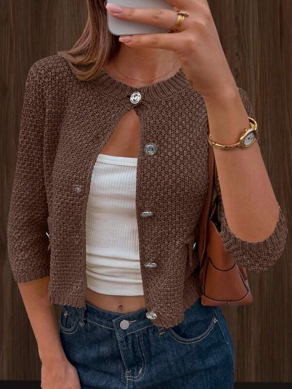 Nuevo suéter de punto para mujer de primavera, otoño e invierno, de manga larga, cuello redondo, diseño de bolsillo con botones, casual, sencillo y elegante, adecuado para ir al trabajo, abrigo de punto, ropa de vuelta al colegio, ropa de otoño, Navidad, Año Nuevo