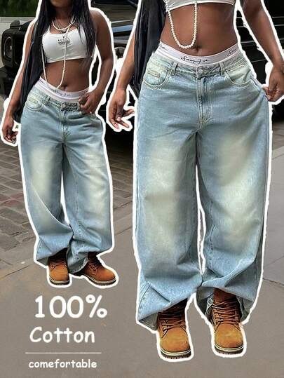 Jeans de pierna ancha con lavado vintage de estilo callejero casual para mujer, Y2K de otoño