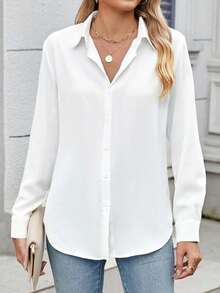 Áo sơ mi nữ màu trơn cài cúc phía trước, thích hợp mặc đi làm hàng ngày, màu trắng, kiểu dáng mùa xuân. - trắng - Xem 1