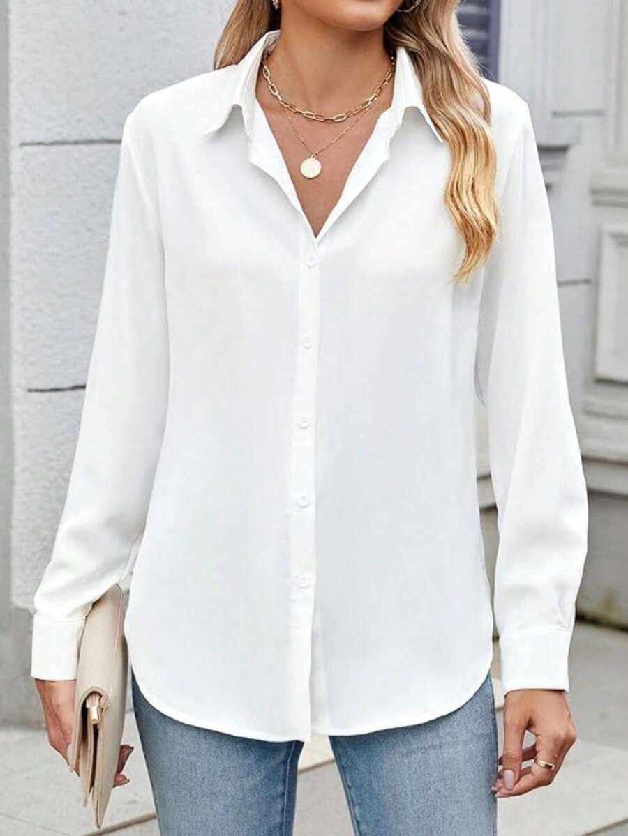 Áo sơ mi nữ màu trơn cài cúc phía trước, thích hợp mặc đi làm hàng ngày, màu trắng, kiểu dáng mùa xuân. - trắng - Xem 1