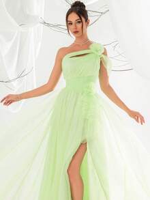 VIPGIRL Women's Green 3D Floral Mesh High Slit Evening Gown Dress - Green - View 6