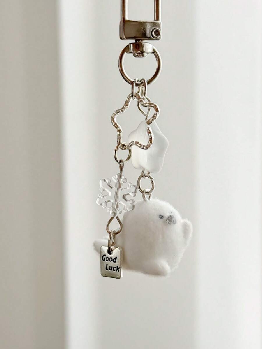 1pc Unisex Cartoon Flocked Seal Keychain, Cute Star & Snowflake Accessory, Student Phone Case Bag Charm