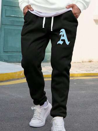 بنطلون رياضي رجالي أسود مقاس كبير، طباعة شعار الحرف الإنجليزي A، بنطلون رياضي كاجوال للتنقل والرياضة والأنشطة الخارجية