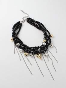 Dark Style Multi-Layer Faux Pearl Wrapped Golden Heart Tassel Necklace, Women's Contrast Beaded Choker Necklace, Punk Hip-Hop Handmade Beaded Necklace - Grey - View 8