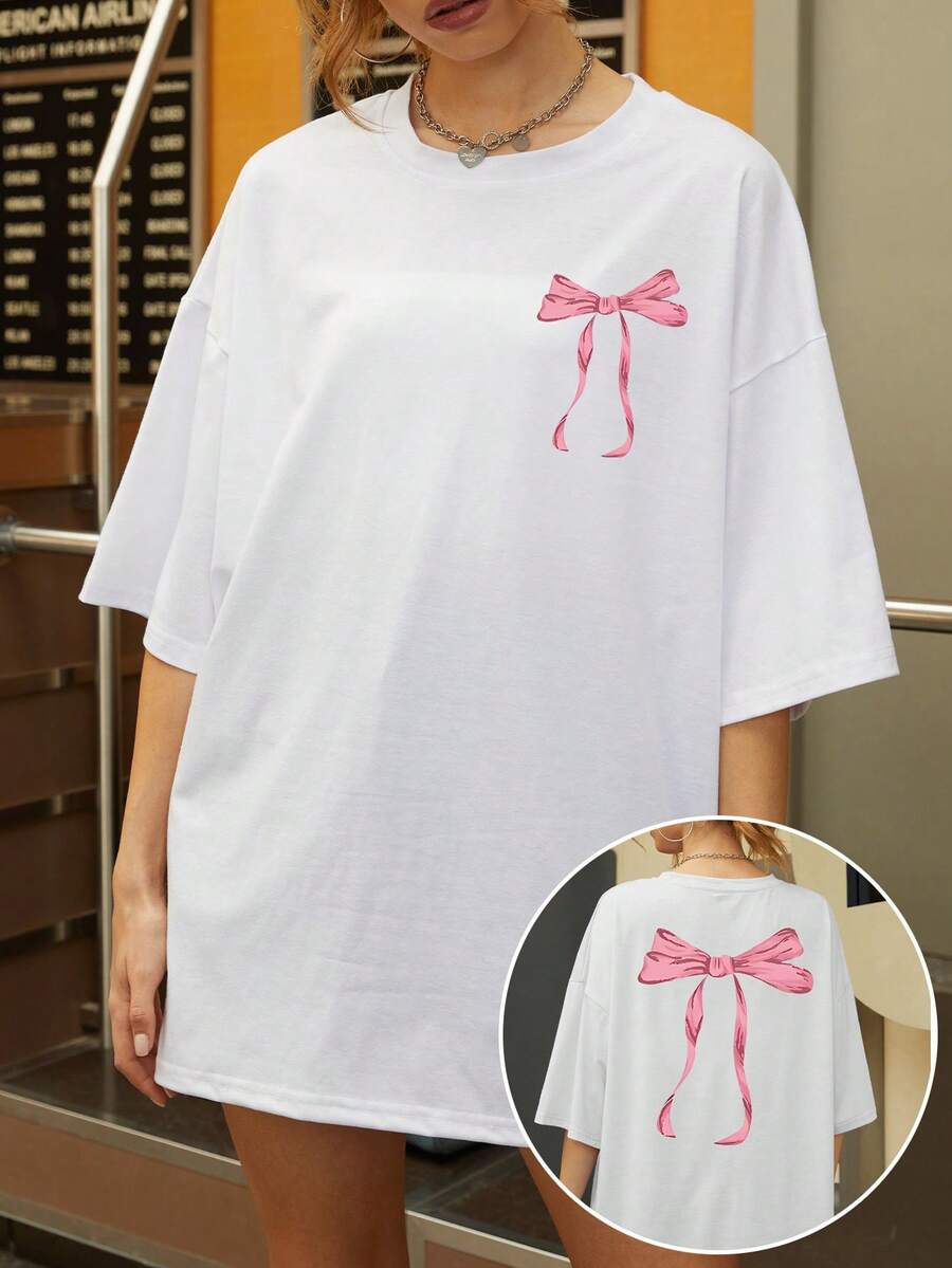 Camiseta casual de mujer con estampado de lazo rosa - Corte suelto, manga corta, cuello redondo, adecuada para primavera y verano