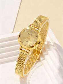 1 pieza Reloj de cuarzo de mujer pequeño, multifuncional y de moda, con esfera redonda y sencilla, correa de aleación, reloj de pareja o hermanas, adecuado para uso diario y como regalo de vacaciones - Dorado - Ver 6