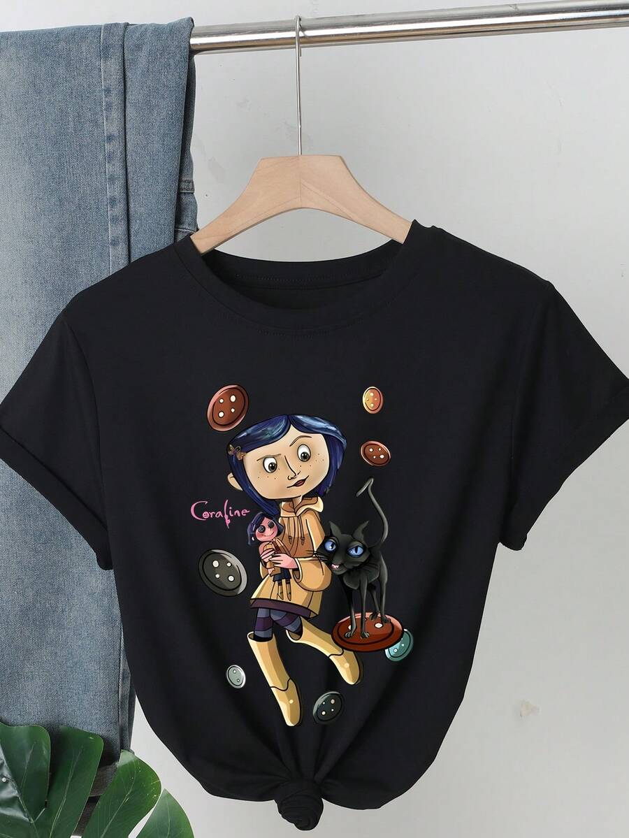Halloween Funny Graphic Print Round Neck T-Shirt, Casual Loose Fit Short Sleeve Summer T-Shirt Top, Knit Fabric, Women Black - Black - View 1