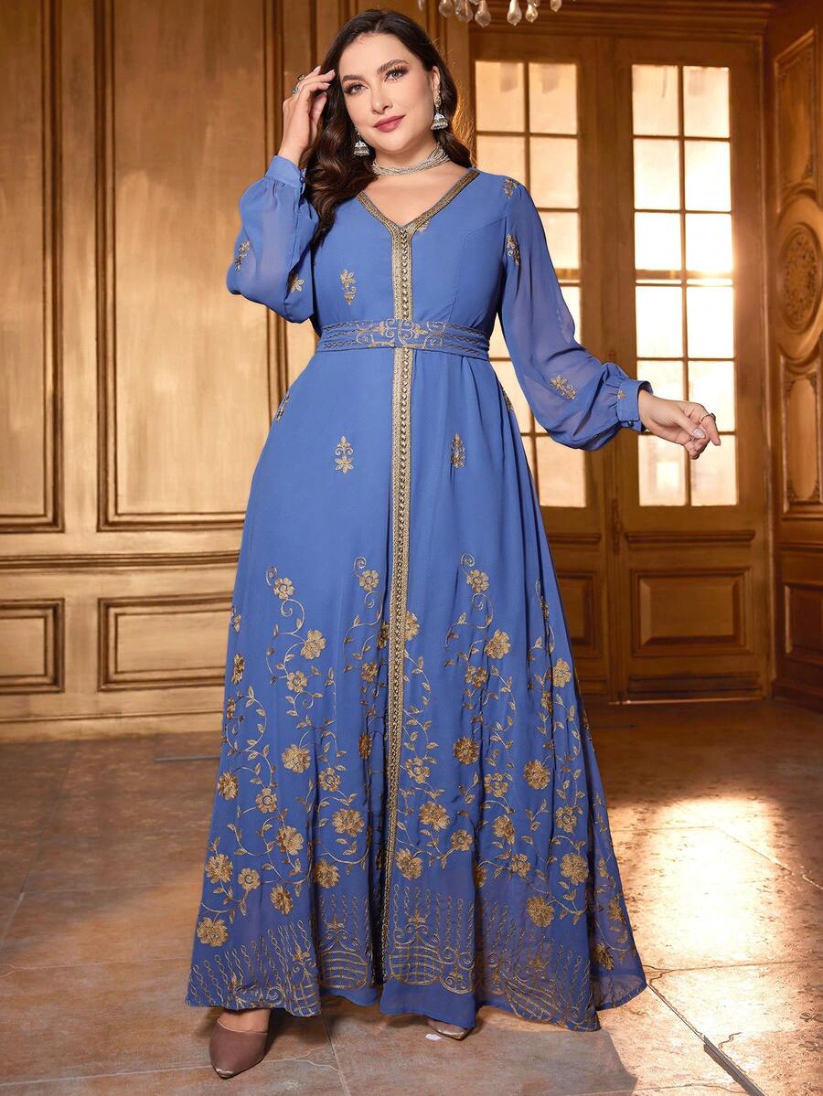 Plus Size Chiffon Arabian Dress V Neck Long Sleeve Belted With Gold Embroidery Spring - Blue - View 1