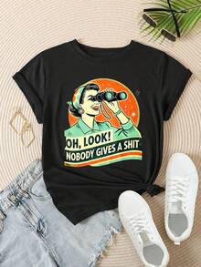 Oh Look Nobody Gives A  Women's Fashionable Print Casual T-Shirt Suitable For All Seasons
-Black - 黑色 - 查看 2