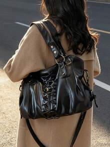 Retro Minimalist Large Capacity Fashion Student/Work Commute Tote Bag - Black - View 8