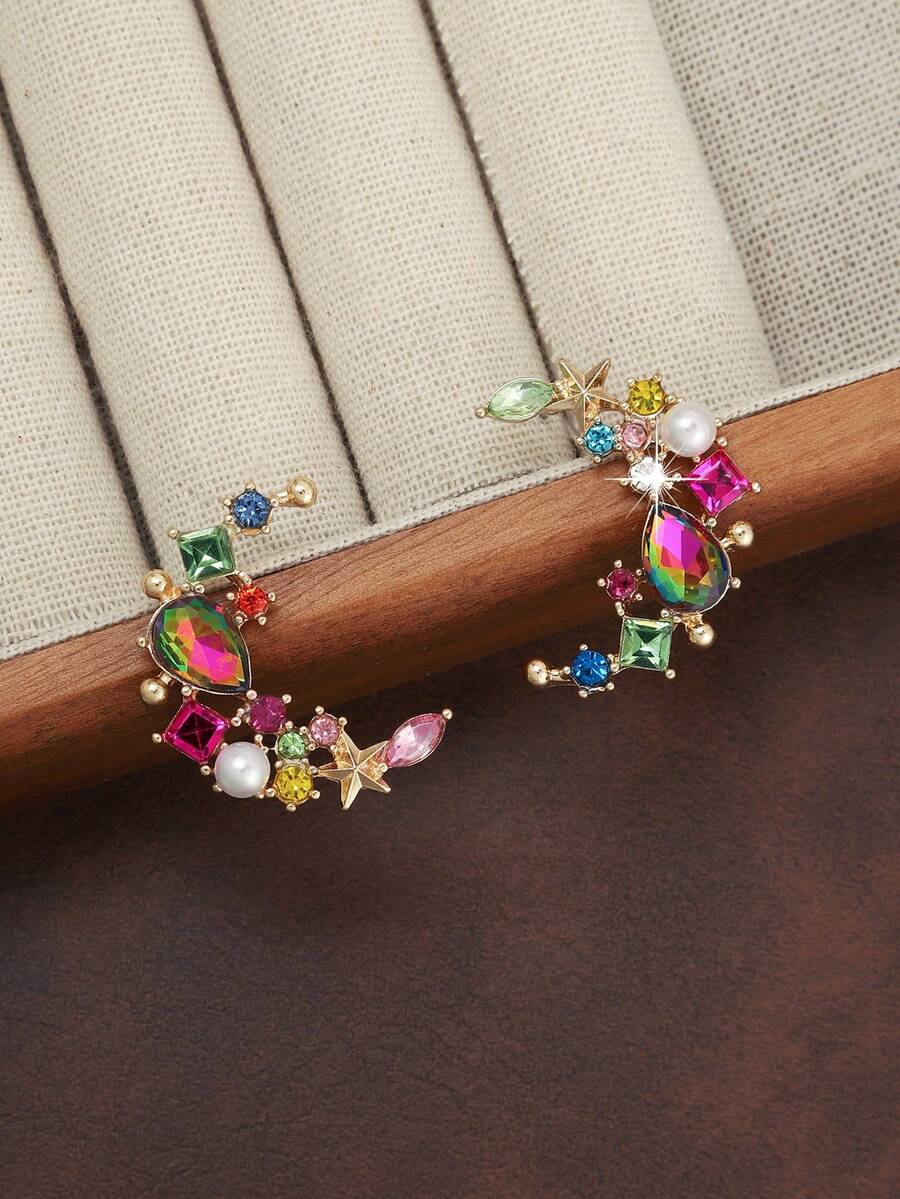 1对优雅花卉设计独特小众时尚奢华商务/派对/休闲耳环 - 月亮耳飾 - 查看 1