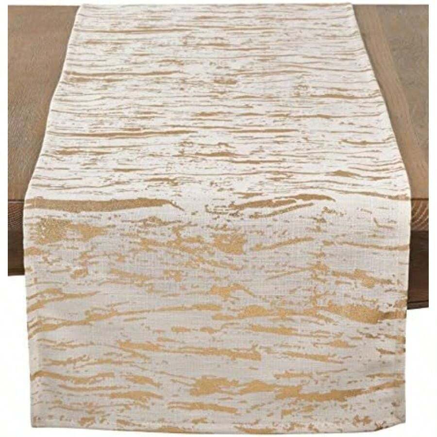 SARO LIFESTYLE Distressed Foil Metallic Design Cotton Table Topper Tablecloth, 54", Gold(16" x 72") - Multicolor - Ver 1
