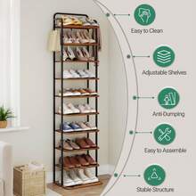 HEXCELEN Vertical Shoe Rack, 10-Tier Shoe Racks, Shoe Tower For Small Spaces, Freestanding, Adjustable, Space-Saving, Brown And Black - Rust Brown and Black - View 6