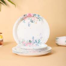 16pcs Rose Flower Paper Plates & Cups Set, Disposable Party Tableware Suitable For Birthday, Wedding, Party, Family Picnic - Multicolor - View 3