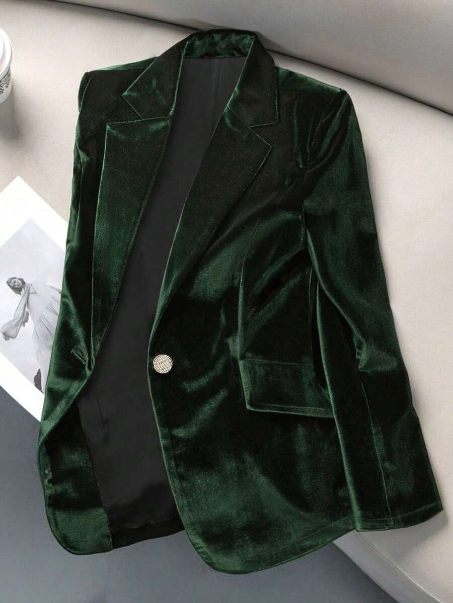 Women's Casual & Work Velvet Fabric Single-Breasted Long Sleeve Blazer, Autumn/Winter - Dark Green - View 1
