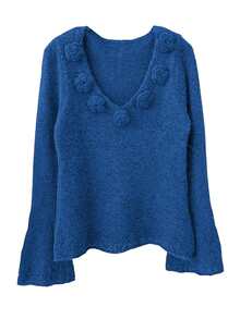 Pull tricoté à manches évasées de couleur unie élégante - Bleu azur - Voir 5