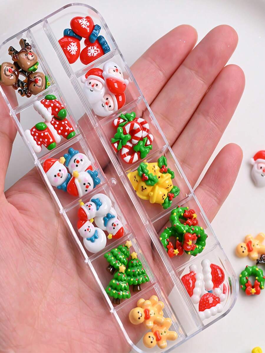 12格3D可爱混合圣诞美甲饰品，卡通圣诞老人麋鹿铃铛设计树脂饰品，可爱美甲配件，3D树脂卡通节日美甲用品