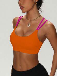女士纯色圆领交叉可拆卸衬垫时尚针织运动文胸 - 橘色 - 查看 5