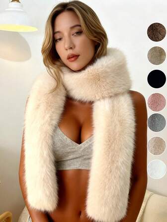 1pc Women's Autumn/Winter Faux Fur Criss-Cross Scarf, Solid Color Double-Sided Thick Warm Neck Warmer Fluffy Scarf