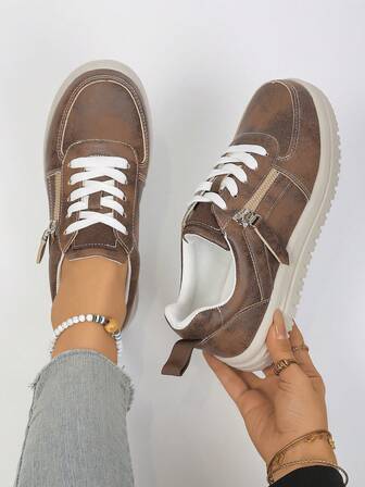 Women's Casual Sneakers, New Spring/Autumn Plus Size Flat Round Toe Solid Color Lace-Up Shoes