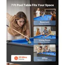 Pool Table, 7 Ft Portable Billiards Tables, Adjustable Feet Stable Game Table, Entertainment Set Includes Ball, Cue, Rack, Chalk And Brush, Black With Bule Cloth, For Family Use, Recreation Room - Blue + Black 7 Ft - View 6
