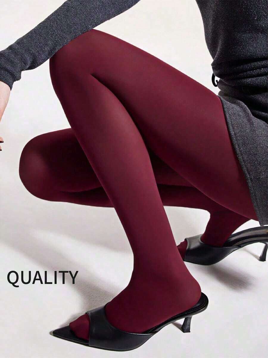 Plus Size Women's Burgundy Sheer Tights, Fashionable High Elasticity Slimming Suitable For Business, Office, And Casual Wear, Cozy - 酒紅色 - 查看 1