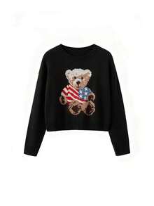 Joy Knit 女式秋冬毛衣 - 百搭上衣 - 简约休闲时尚百搭 - 可爱旗帜和小熊图案提花圆领套头针织上衣 - 女士办公室服装 - 外出上衣 - 派对 - 新年 - 黑色 - 查看 4