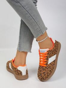 Giày thể thao nữ phối màu tương phản, kiểu dáng preppy, thích hợp cho mùa xuân/hè/thu, giày chạy bộ ngoài trời đế bằng buộc dây họa tiết da báo. - màu nâu - Xem 2