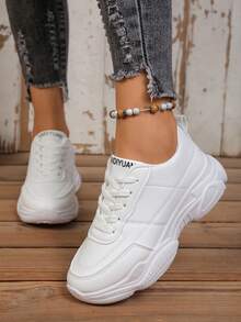 Women's White British Style Lace-Up Sneakers, Round Toe Low-Top Thick Sole Slip-On Shoes, Fashionable Breathable Non-Slip Chunky Sneakers For Students - White - View 4