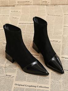 Elegant Patent Leather Patchwork Women's Ankle Boots, Pointed Toe Chunky Heel Zipper Closure Slim Fit Fashion Boots, 2025 Autumn/Winter New Classic Business Boots, Suitable For Street, Business, Party, Wedding, Nightclub, Masquerade Ball