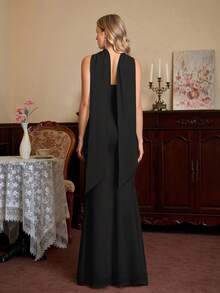 PARTHEA Women's Elegant Solid Color Mermaid Maxi Dress, Off-Shoulder Shawl Collar Design, Backless Fitted Gown Party - Black - View 2