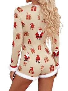 Women's Christmas Romper Pajamas Cute Cartoon Print Long Sleeve Fur Trim Jumpsuit Shorts Sleepwear - Màu Khaki - Xem 6
