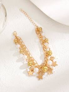 1 pieza Pulsera con colgante de estilo bohemio con estrella de mar, concha, flor y corazón, adecuada para uso diario y vacacional de mujeres, gran regalo - Amarillo Oro - Ver 4