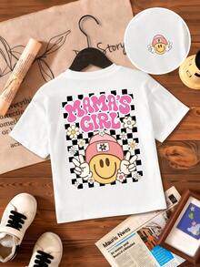 女童字母和人脸印花圆领休闲宽松短袖T恤 - 白色 - 查看 3