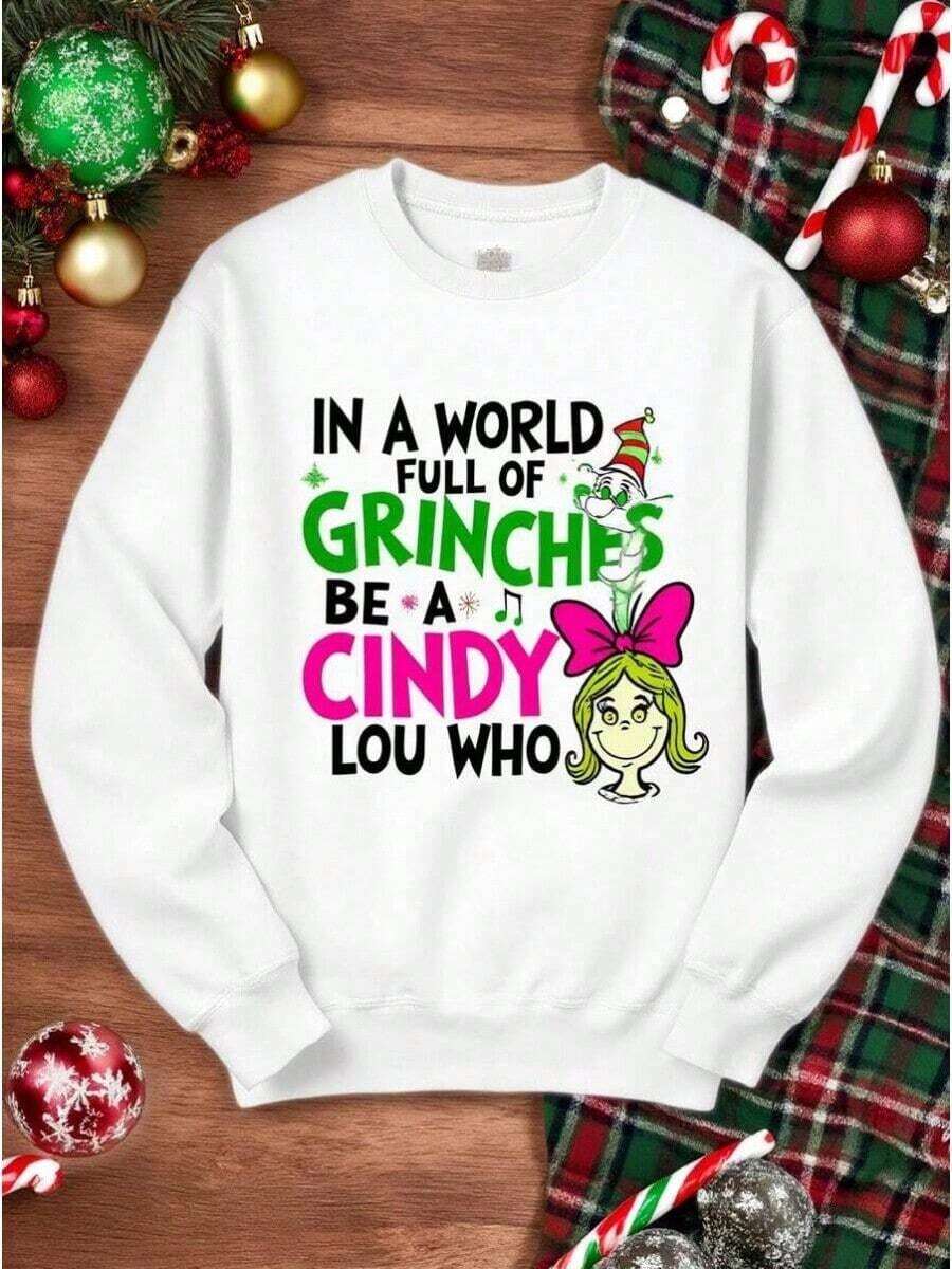 Winter Clothes For Women Christmas Outfit WomenWhite Christmas Sweatshirt With In A World Full Of Grinches Be A Cindy Lou Who Print And Cartoon Character Design, Perfect For Holiday Season And Christmas Party WearHalloween, Christmas, Women's Round Neck Sportswear T-Shirt, 300gCasual Women's Fall Sweatshirts For Thanksgiving And Christmas FitsLoose And Comfortablesudaderas De Mujer - 白色 - 查看 1