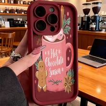 Cubierta de teléfono con diseño de taza de chocolate caliente color rosa con galleta de jengibre y texto Hot Chocolate Season para uso en cafeterías y temporada invernalCompatible with  16 Pro Max/16 Plus/16 Pro/16/15 Pro Max/15 Plus/15 Pro/15/14 Pro Max/14 Plus/14 Pro/14/13 Pro Max/13 Pro/13/12 Pro Max/12 Pro/12/11 Pro Max/11 Pro/11/XS Max/XR/X/7 Plus/7 TPU Drop-Proof and Stain-Resistant Protective Soft Case - Negro - Ver 4