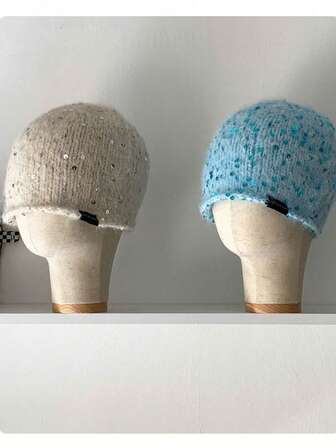 Slouch Beanie Höst/Vinter Mössor med Paljettdekorationer i Blandade Fiber för Damer, Atmosfärshöjande, Ansiktssmickrande, Mångsidig, Snygg Stickad Mössa, Mohairstickad Mössa, Varm Stickad Mössa, Glittrig, Ny Tjock Öronvärmande Stickad Kallvädersmössa