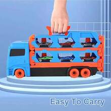 61 英寸双轨发射器运输卡车玩具套装，含 2 辆金属汽车和可折叠货运卡车，适合 2 3 4 5 6 岁男孩和女孩的车辆玩具礼物，返校