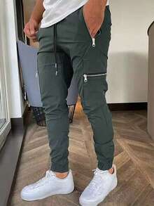 男士时尚休闲慢跑裤，多口袋设计，简约工装裤，春季款 - 灰色 - 查看 3