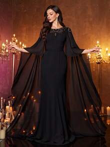 Vestido de noche de punto de yute ajustado, con mangas de pieza flotante, de cuello redondo y parche de lentejuelas para mujer de SUPGIR - Negro - Ver 3