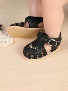 0-1 Year Old Infant Girls' Soft Bottom Prewalker Shoes, 5-7 Months Newborn Embroidered Breathable Sandals - Black - View 4