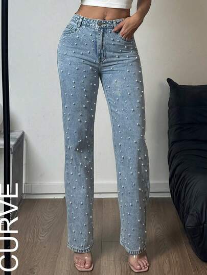 Jeans con aplicaciones de perlas talla grande - Lavado clásico, cintura media, pierna recta elegante