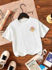 女童字母和人脸印花圆领休闲宽松短袖T恤 - 白色 - 查看 2