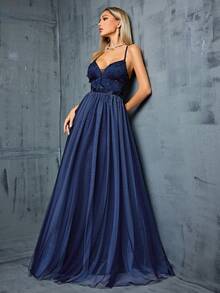 Mgiacy-Pop,New Arrival,A V-Neck Sexy,Graduation Dress, With A Three-Dimensional Floral, Embroidered ,Patchwork Mesh,Contrasting Colors - Navy Blue - View 4