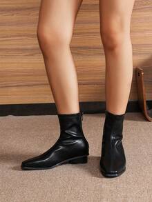 2025复古时尚女士踝靴，粗跟修身踝靴，法式麂皮短靴，春秋季 - 黑色[皮料] - 查看 2