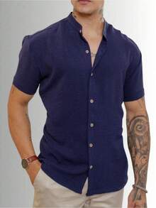 Set Of 2 Men's Short-Sleeve Mandarin Collar Shirts - Elegant And Sophisticated - Versatile - Summer/Spring/End-Of-Year  - Special Offer - xanh lá cây và xanh nước biển - Xem 3